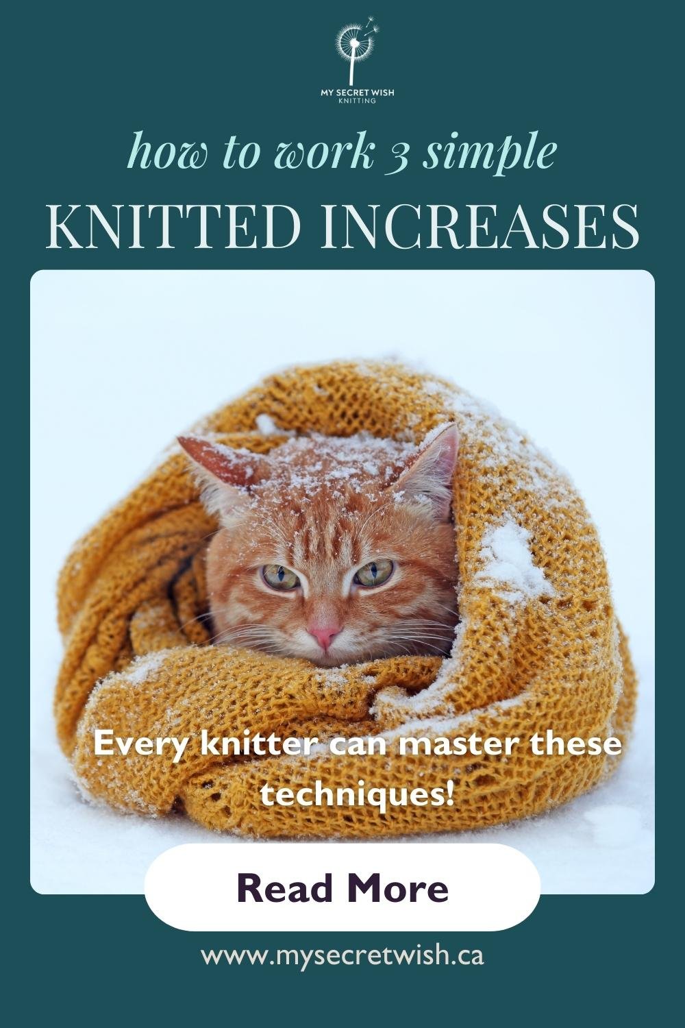 Pin for "How to Work 3 Simple Knitted Increases" featuring a ginger tabby cat wrapped in an eyelet cowl in the snow.