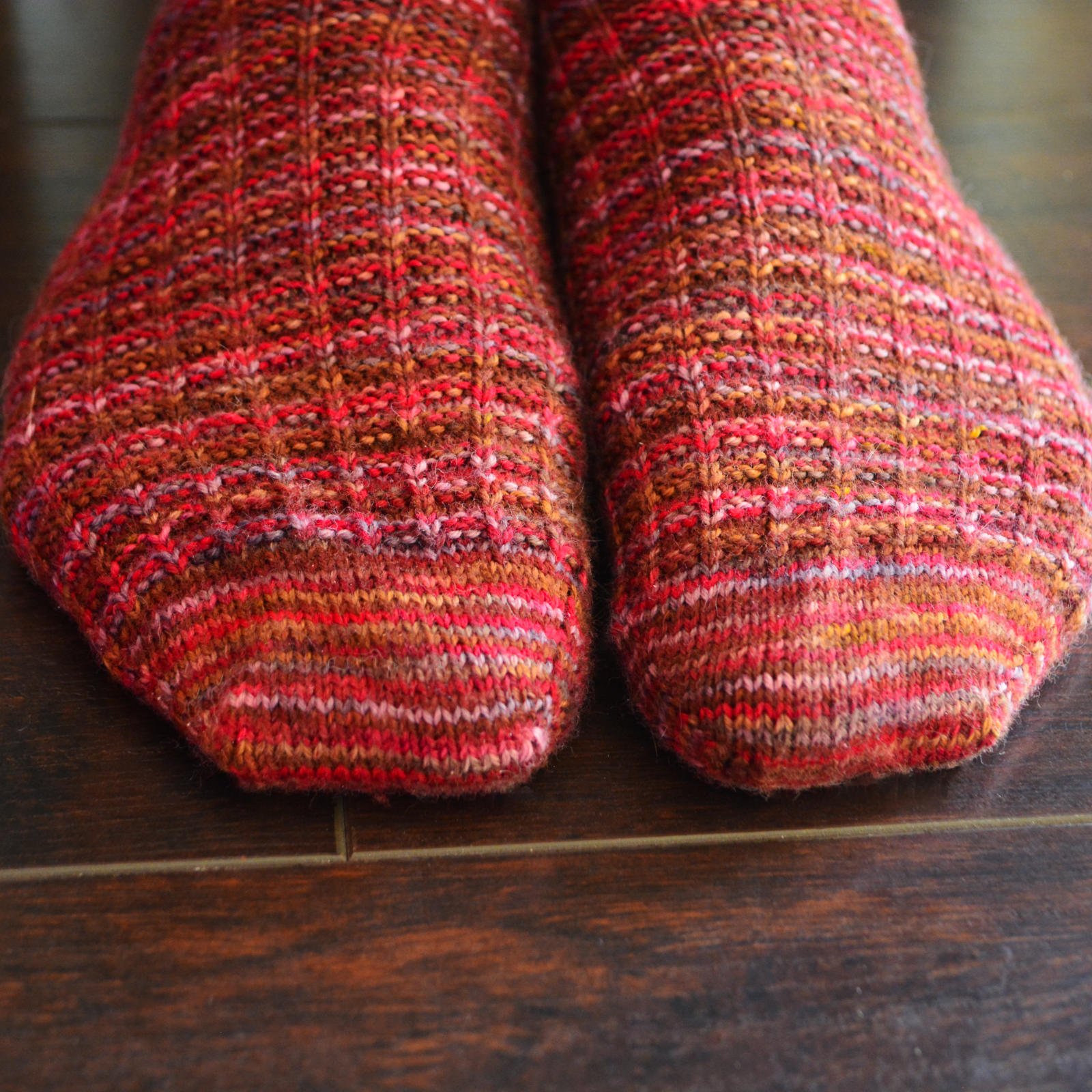 Close-up of the toes of a pair of waffle weave socks.