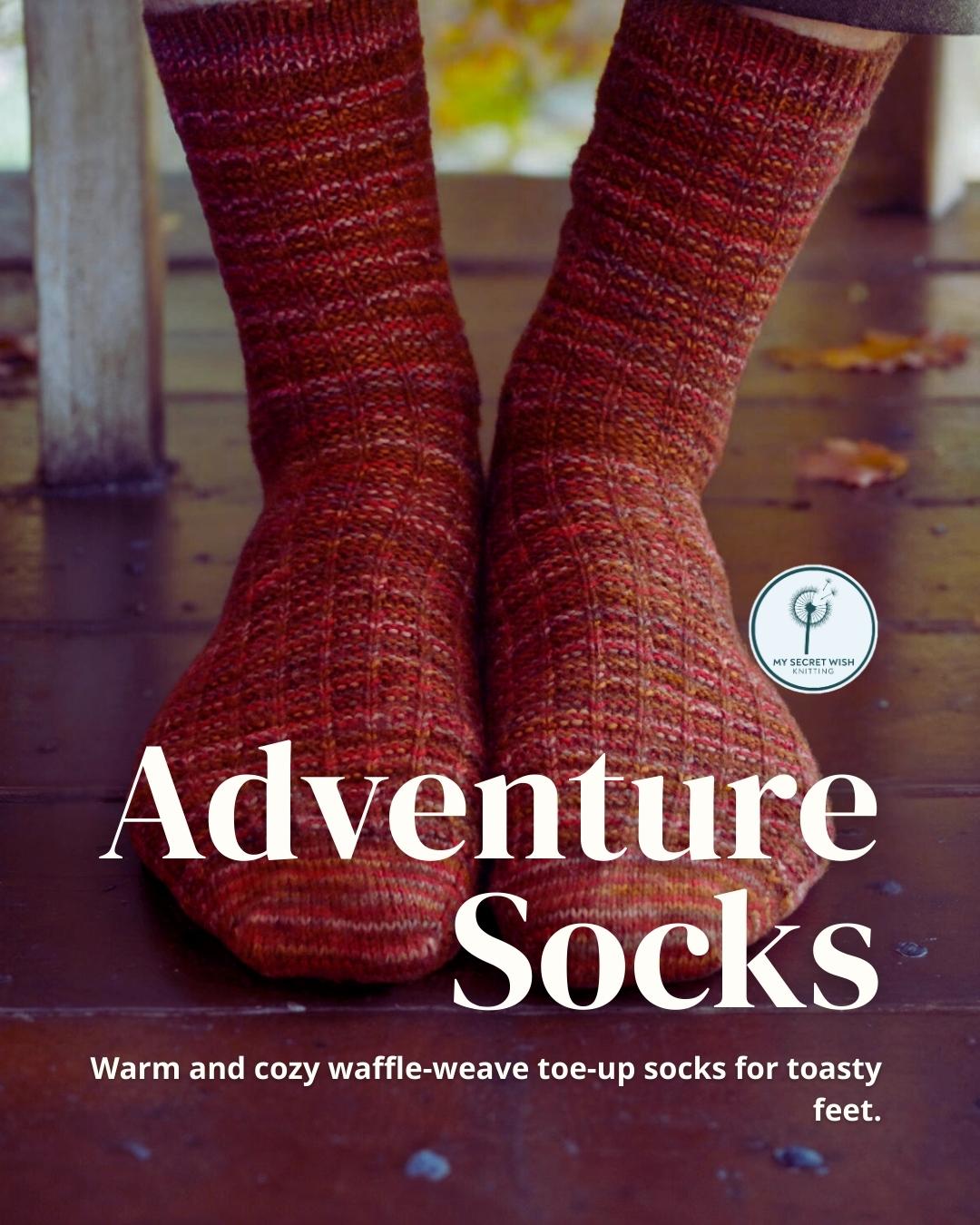 Adventure Socks. Warm and cozy waffle-weave toe-up socks for toasty feet. A man's feet wear socks with raglan toe shaping, a ribbed one-by-one cuff, and all-over waffle weave texture on the body.