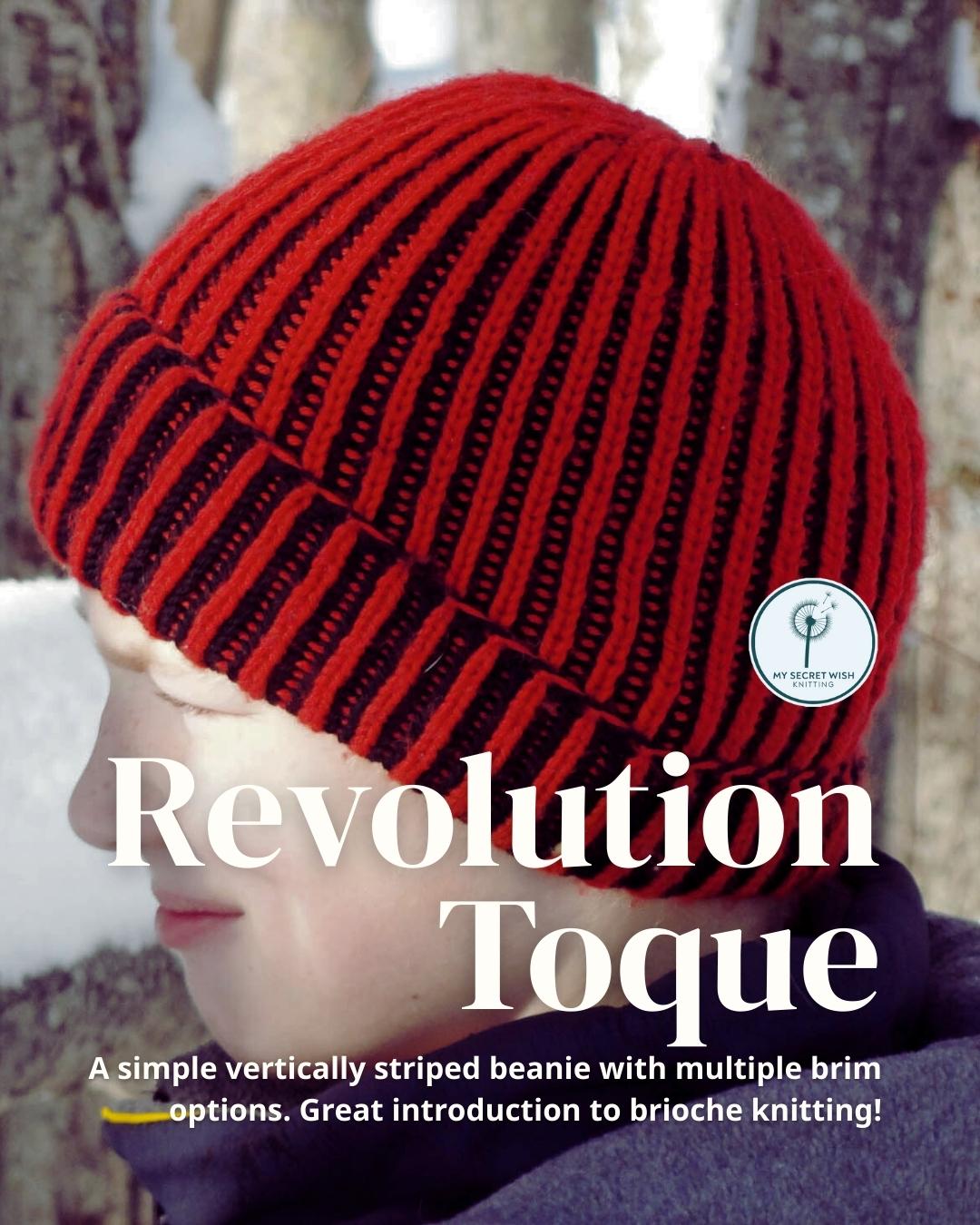 Revolution Toque: a simple vertically striped beanie with multiple brim options. Great introduction to brioche knitting! A preteen boy wears a red-and-black striped rolled-brim brioche-rib beanie.
